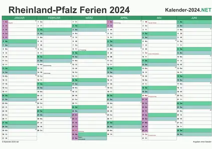 Vorschau EXCEL-Halbjahreskalender 2024 mit den Ferien Rheinland-Pfalz