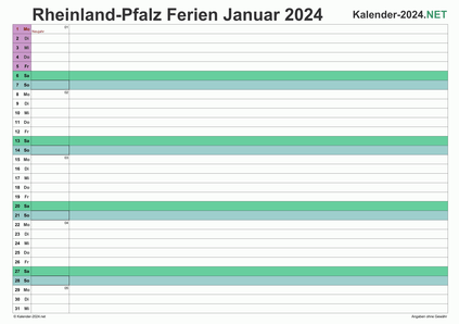 Vorschau EXCEL-Monatskalender 2024 mit den Ferien Rheinland-Pfalz