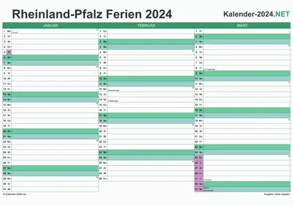 Vorschau EXCEL-Quartalskalender 2024 mit den Ferien Rheinland-Pfalz
