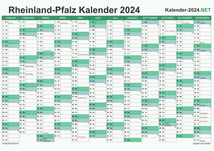 Vorschau Kalender 2024 für EXCEL mit Feiertagen Rheinland-Pfalz