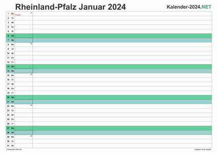 Vorschau Monatskalender 2024 für EXCEL Rheinland-Pfalz