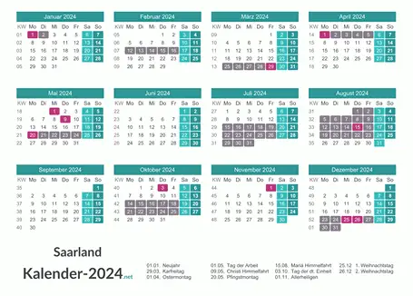 Kalender mit Ferien Saarland 2024 Vorschau