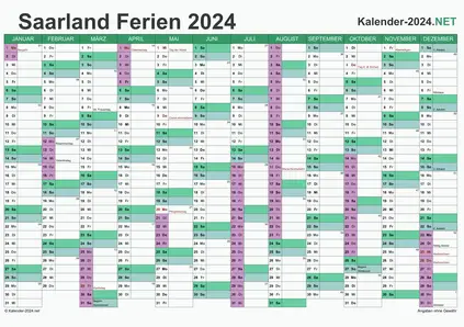 Vorschau EXCEL-Kalender 2024 mit den Ferien Saarland