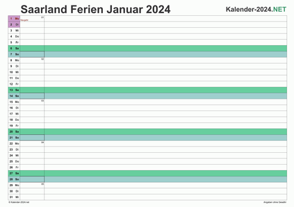 Vorschau EXCEL-Monatskalender 2024 mit den Ferien Saarland
