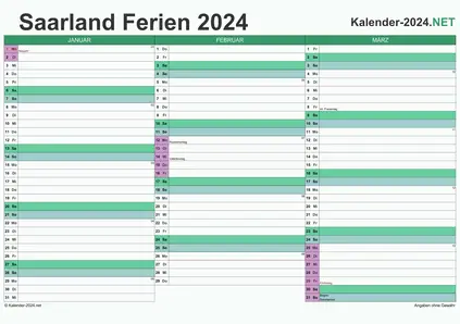 Vorschau EXCEL-Quartalskalender 2024 mit den Ferien Saarland