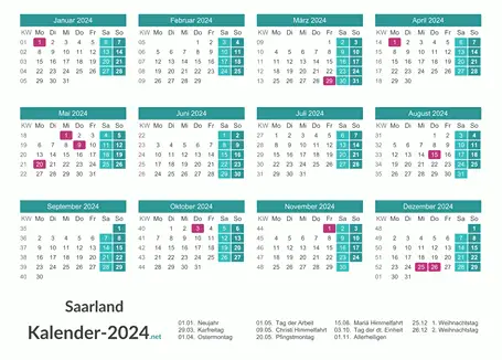 Saarland Kalender 2024 + Feiertage Vorschau