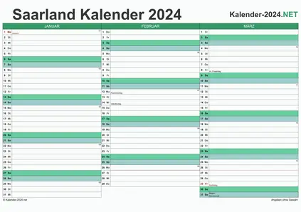 Vorschau Quartalskalender 2024 für EXCEL Saarland