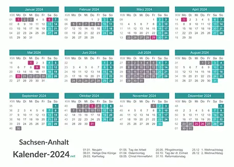 Kalender mit Ferien Sachsen-Anhalt 2024 Vorschau