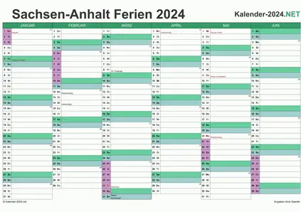 Vorschau EXCEL-Halbjahreskalender 2024 mit den Ferien Sachsen-Anhalt