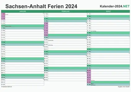 Quartalskalender 2024 zum Ausdrucken zum Ausdrucken - mit FerienSachsen-Anhalt Vorschau