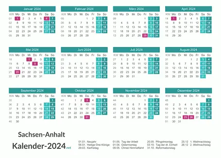 Sachsen-Anhalt Kalender 2024 + Feiertage Vorschau