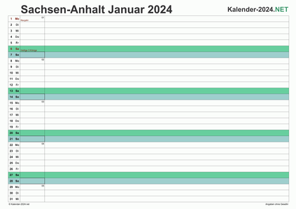 Vorschau Monatskalender 2024 für EXCEL Sachsen-Anhalt