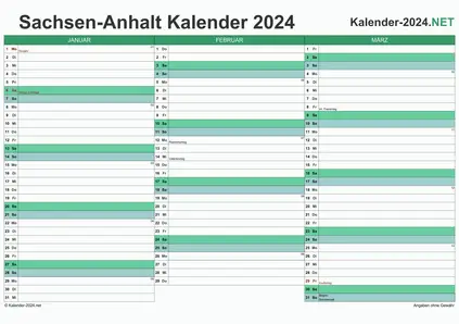 Vorschau Quartalskalender 2024 für EXCEL Sachsen-Anhalt