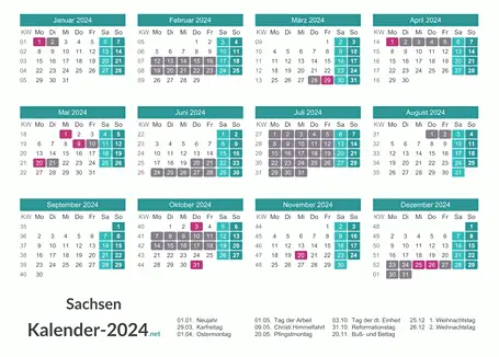 Kalender mit Ferien Sachsen 2024 Vorschau
