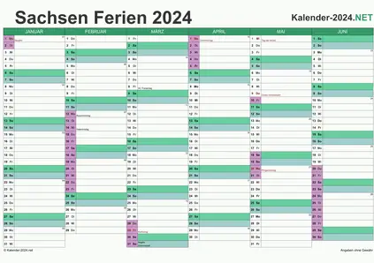 Vorschau EXCEL-Halbjahreskalender 2024 mit den Ferien Sachsen