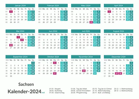 Sachsen Kalender 2024 + Feiertage Vorschau