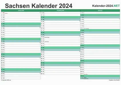 Vorschau Quartalskalender 2024 für EXCEL Sachsen
