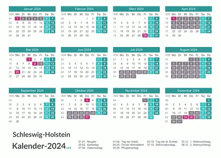 Kalender mit Ferien Schleswig-Holstein 2024 Vorschau