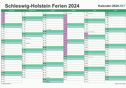 Vorschau EXCEL-Halbjahreskalender 2024 mit den Ferien Schleswig-Holstein