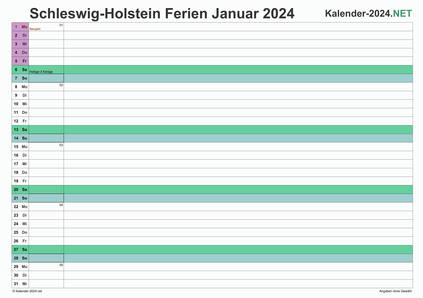 Vorschau EXCEL-Monatskalender 2024 mit den Ferien Schleswig-Holstein