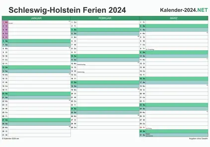 Quartalskalender 2024 zum Ausdrucken zum Ausdrucken - mit FerienSchleswig-Holstein Vorschau