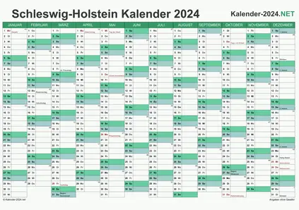 Vorschau Kalender 2024 für EXCEL mit Feiertagen Schleswig-Holstein