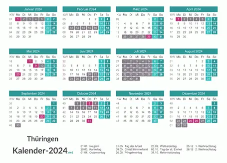 Kalender mit Ferien Thüringen 2024 Vorschau