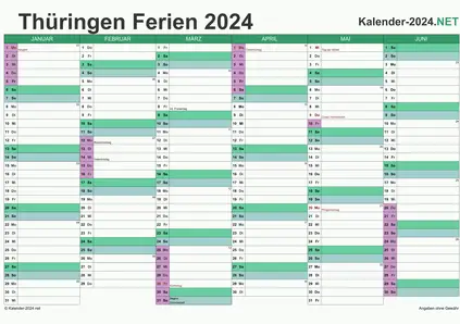 Vorschau EXCEL-Halbjahreskalender 2024 mit den Ferien Thüringen