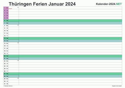 Vorschau EXCEL-Monatskalender 2024 mit den Ferien Thüringen