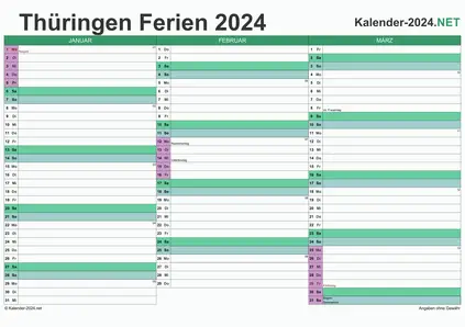 Vorschau EXCEL-Quartalskalender 2024 mit den Ferien Thüringen