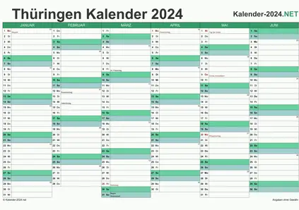 Vorschau Halbjahreskalender 2024 für EXCEL Thüringen